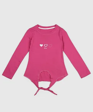 Chipbeys Full Sleeves Love Hearts Printed & Front Knot Detail Tee - Pink