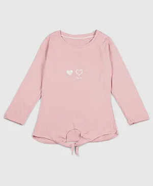 Chipbeys Full Sleeves Love Hearts Placement Printed & Front Knot Detail Tee - Pink