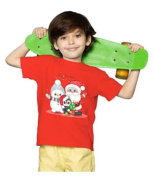 BRATMA Christmas Theme Half Sleeves Penguin Santa & Snowman Printed Tee -  Red