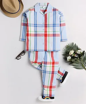 Clt.s Full Sleeves Madras Checked Coordinating Night Suit - Blue