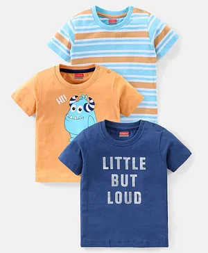 Babyhug Cotton Half Sleeves T-Shirt Striped & Monster Print - Blue & Orange