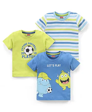 Babyhug Cotton Half Sleeves T-Shirt Striped & Monster Print - Blue & Green
