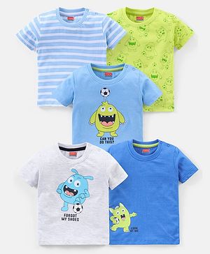 Babyhug Cotton Half Sleeves T-Shirt Striped & Monster Print - Grey Blue & Green