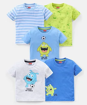 Babyhug Cotton Half Sleeves T-Shirt Striped & Monster Print - Grey Blue & Green