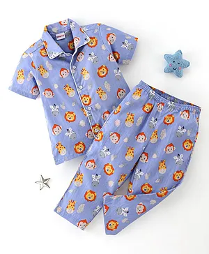 Babyhug Cotton Woven Half Sleeves Night Suit Monkey Print -  Blue
