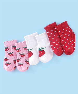 Cute Walk by Babyhug Anti Bacterial Ankle Length Strawberry Print Socks Pack of 3 - Pink White & Red