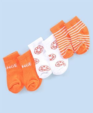 Cutewalk By Babyhug Anti Bacterial Ankle Length Socks Striped & Lemon Design Pack Of 3- Orange & White