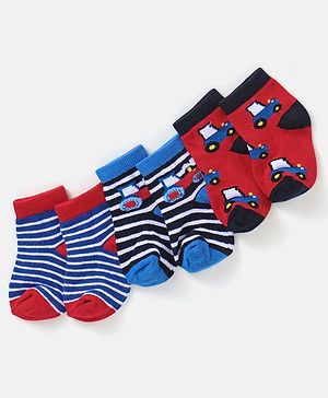 Cute Walk by Babyhug Non Terry Anti Bacterial Ankle Length Striped & Cars Design Socks Pack of 3 - Red & Blue