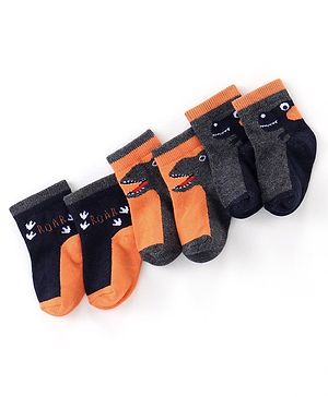 Cute Walk by Babyhug Anti Bacterial Ankle Length Dino Design Socks Pack of 3 - Orange & Black