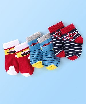 Cutewalk By Babyhug Anti Bacterial Ankle Length Vehicle Print Socks Pack Of 3 - Blue & Red