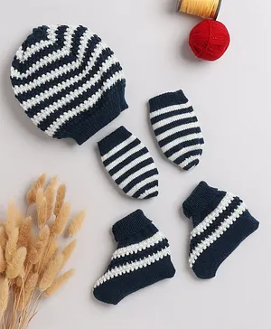 Little Angels Striped Designed Cap With Coordinating Mittens & Socks - Navy Blue & White