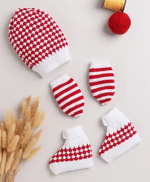 Little Angels Striped With Woven Designed Cap With Coordinating Mittens & Socks - White & Red
