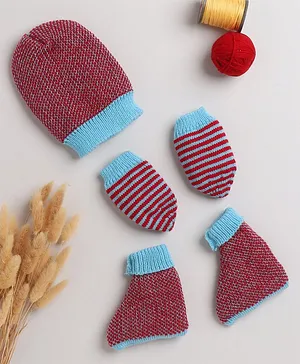 Little Angels Striped Designed Cap With Coordinating Mittens & Socks - Red & Blue