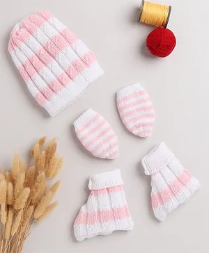 Little Angels Striped Designed Cap With Coordinating Mittens & Socks -Pink & White