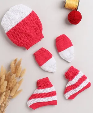 Little Angels Striped Designed & Colour Block Cap With Coordinating Mittens & Socks - Red & White
