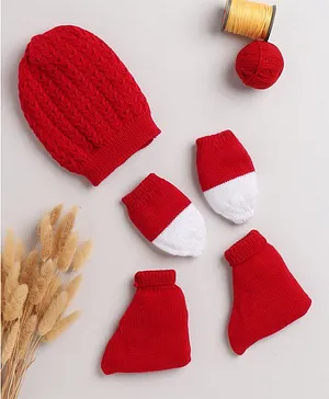 Little Angels Cap With Colour Block Mittens & Socks - Red & White