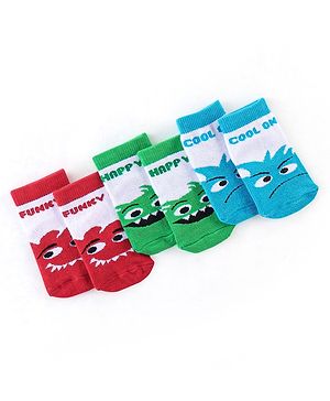 Cute Walk by Babyhug Non Terry Anti Bacterial Ankle Length Monster Design Socks Pack of 3 - Red Blue & Green