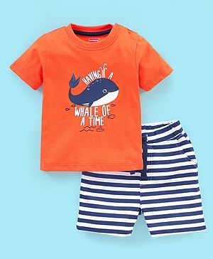 Babyhug 100 % Cotton Whale Printed T-Shirt and Shorts - Orange
