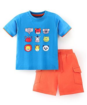 Babyhug 100% Cotton Knit Half Sleeves Panda Print T-Shirt & Shorts Set - Blue & Orange