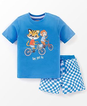 Babyhug 100% Cotton Half Sleeves T-Shirt And Shorts Tiger & Monkey Print - Blue