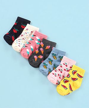Cutewalk By Babyhug Anti Bacterial Ankle Length Watermelon Design Socks Pack Of 7 - Blue Yellow & Pink