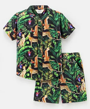 Bonfino Rayon Half Sleeves Shirt & Shorts Set Digital Cheetah Print - Black