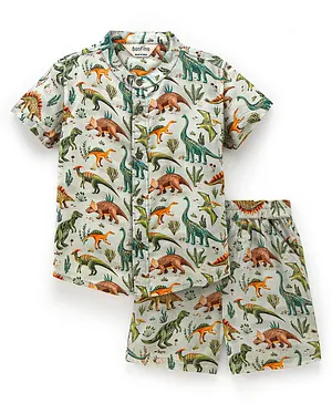 Bonfino Rayon Half Sleeves Shirt & Shorts Set Digital Dino Print - Light Green