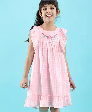 Babyhug 100% Cotton Yarndyed Frill Sleeves Checks Frock with Embroidery Detailing - Pink