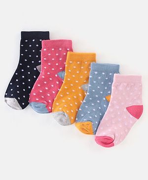 Cutewalk By Babyhug Anti Bacterial Ankle Length Socks Polka Dot Design Pack of 5- Pink Yellow & Blue