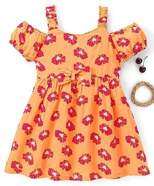 Babyhug 100% Rayon Off Shoulder Frock Floral Print - Peach