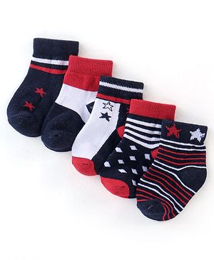 Cute Walk by Babyhug Non Terry Anti Bacterial Ankle Length Socks Stripes & Star Design Pack of 5 - Red Blue & White