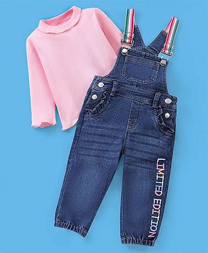 Babyhug 100% Cotton Full Sleeves Solid Colour T-Shirt With Sleeveless Dungaree Text Embroidered - Pink & Indigo