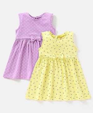 Babyhug 100% Cotton Knitted Sleeveless Floral Print Frock with Bow Applique Pack of 2 - Lilac & Yellow