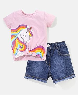 Babyhug 100% Cotton Knit Half Sleeves Top & Shorts Set Unicorn Print - Dark Blue & Pink