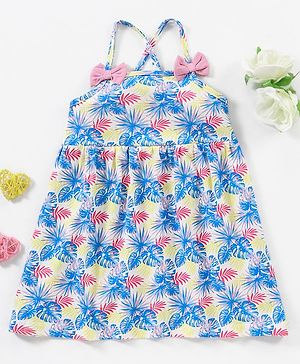Babyhug 100% Cotton Knit Sleeveless Frock with Bow Applique Leaves Print - White & Blue