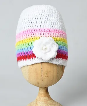 Funkrafts Floral Applique Handmade Woollen Rainbow Cap - White Multicolor