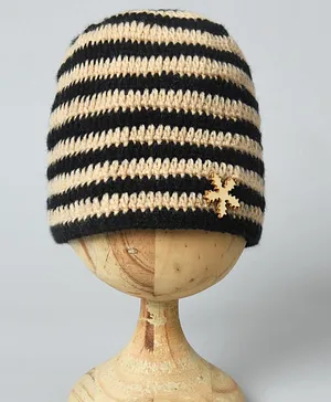 Funkrafts Striped And Snowflakes Applique Handmade Woollen Cap - Dark Brown Beige