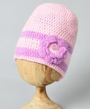 Funkrafts Floral Applique Detail Handmade Woollen Cap - Pink