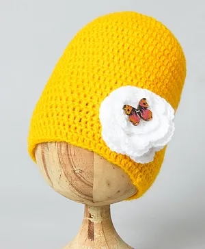 Funkrafts Butterfly And Flower Applique Detail Handmade Woollen Cap - Yellow