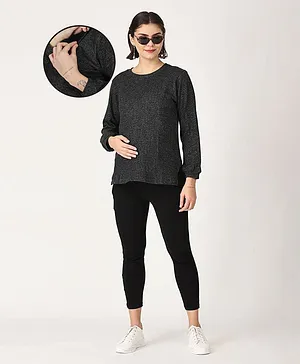 The Mom Store Full Sleeves Maternity Sweatshirt With Solid Leggings - Black