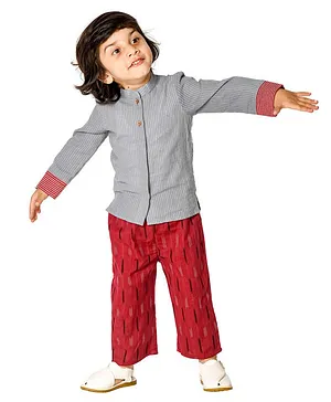 Olesia Full Sleeves Kantha Striped Designed Kurta With Ikat Pant - Grey & Maroon