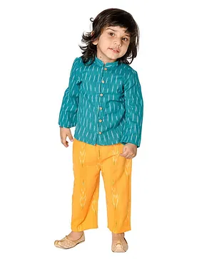 Olesia Full Sleeves Ikat Kurta With Pant - Green & Yellow