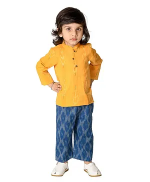 Olesia Full Sleeves Ikat Kurta With Ikat Striped Designed Pant - Yellow & Blue