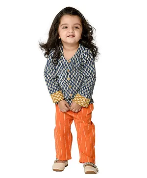 Olesia Full Sleeves Seamless Jaipuri Motif Printed Kurta With IKat Pant - Blue & Orange