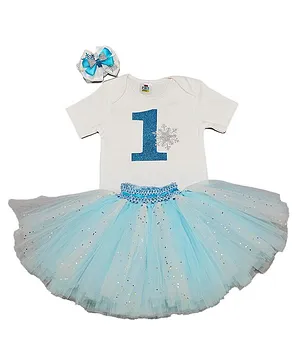 TINY MINY MEE Half Sleeves One Snowflakes Glitter Printed Bodysuit With Skirt And Headband Set - Blue