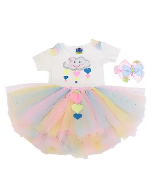 TINY MINY MEE Short Sleeves Cloud Glitter Printed Onesie With Skirt And Headband- Multi Colour