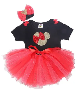 TINY MINY MEE Short Sleeves Bodysuit And Skirt With Headband -Red