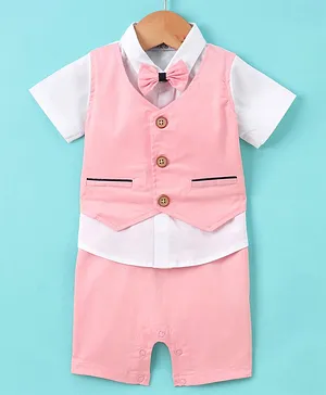 Mark & Mia Half Sleeves Party Wear Romper With Bow Detailing & Attached Waistcoat Solid - Pink & White