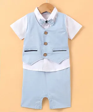 Mark & Mia Half Sleeves Party Wear Romper With Bow Detailing & Attached Waistcoat Solid - Blue & White