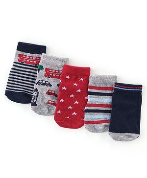 Cutewalk By Babyhug Antibacterial Ankle Length Socks Car & Stripes Design Pack Of 5- Navy Blue Red & Grey